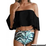 Misassy Womens Off Shoulder Ruffled Flounce 2 Piece Bikini Swimsuit High Waisted Print Cut Out Bathing Suit Black B07MJKPGWR
